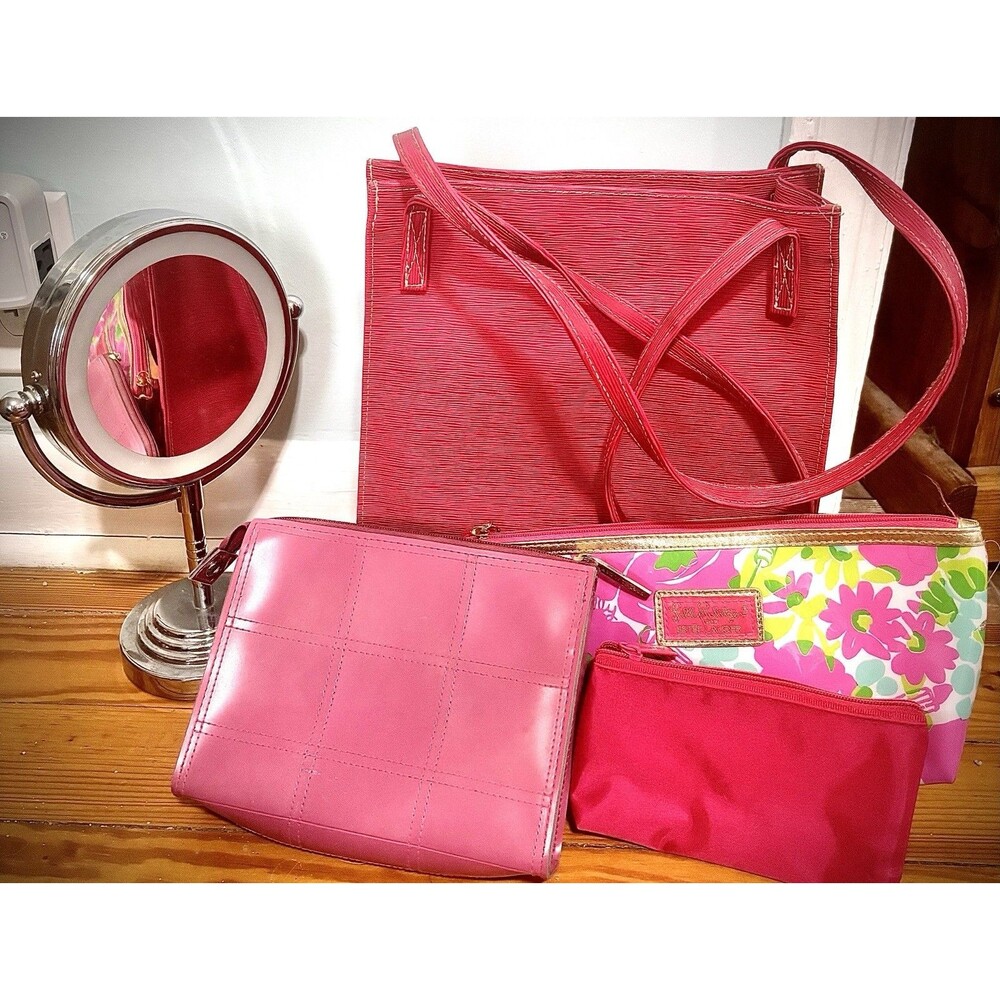 Estee Lauder Lilly Pulitzer Makeup Bag Lot Pink Tote Purse Wallet Conair Mirror